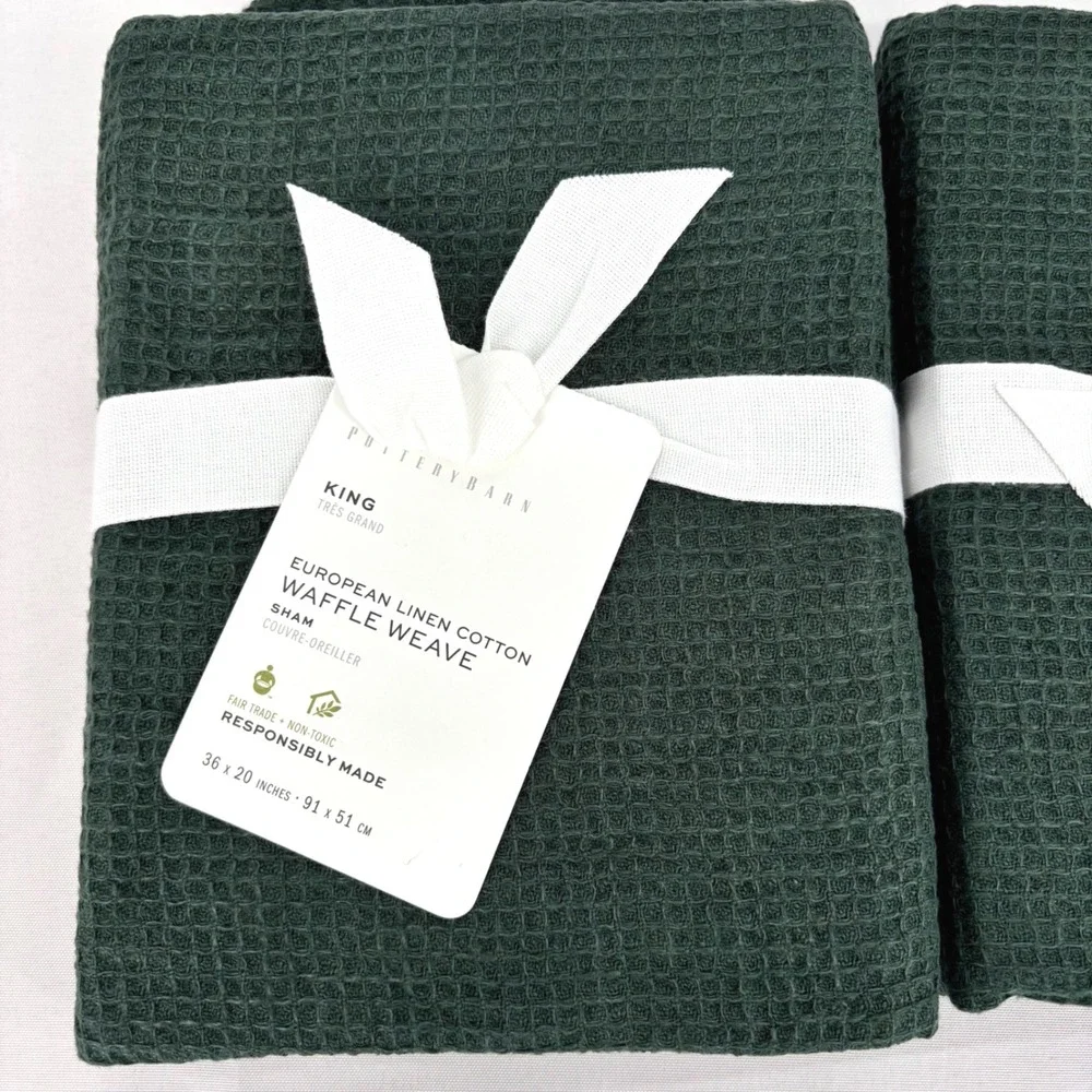 Pottery Barn European Linen Cotton Waffle Weave King Sham Set of 2 Pine Green